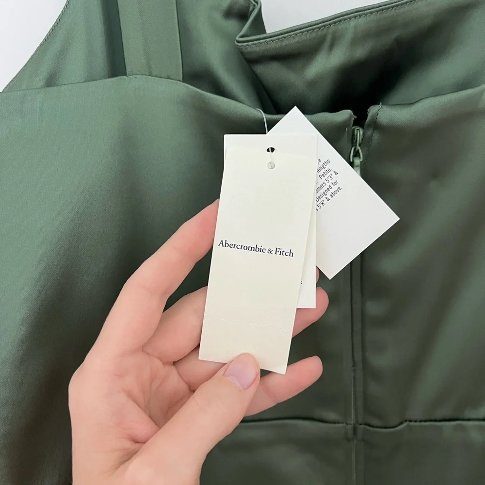 Abercrombie Sculpting Stretch Satin Midi Dress Square-Neck Olive Green - Picture 9 of 12